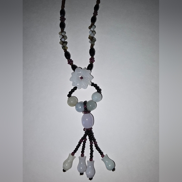 Carved Jadeite Jade  Flower Necklace Silk Rope Lots of Other Details Jade - Picture 6 of 16